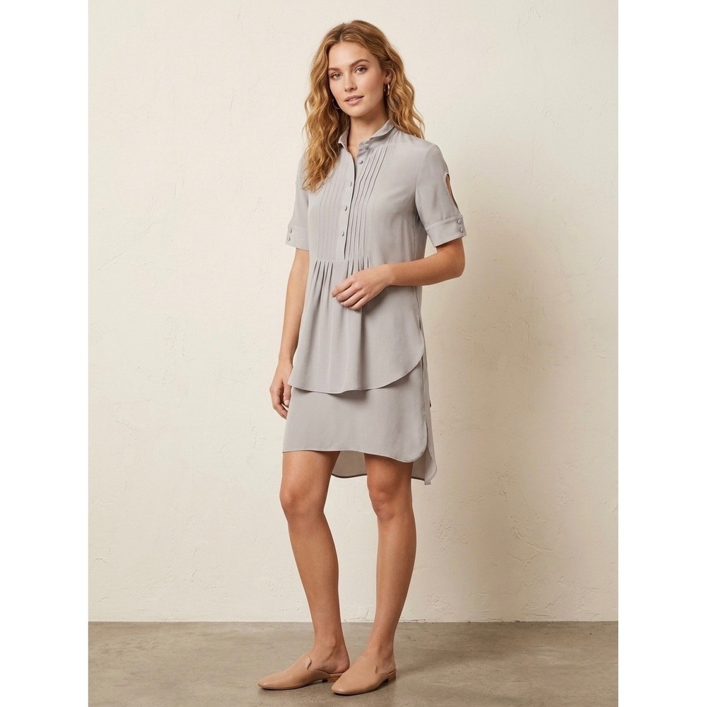 Rebecca Minkoff Grey 100% Silk Pintuck Cold Shoulder High-Low Dress R122002 4